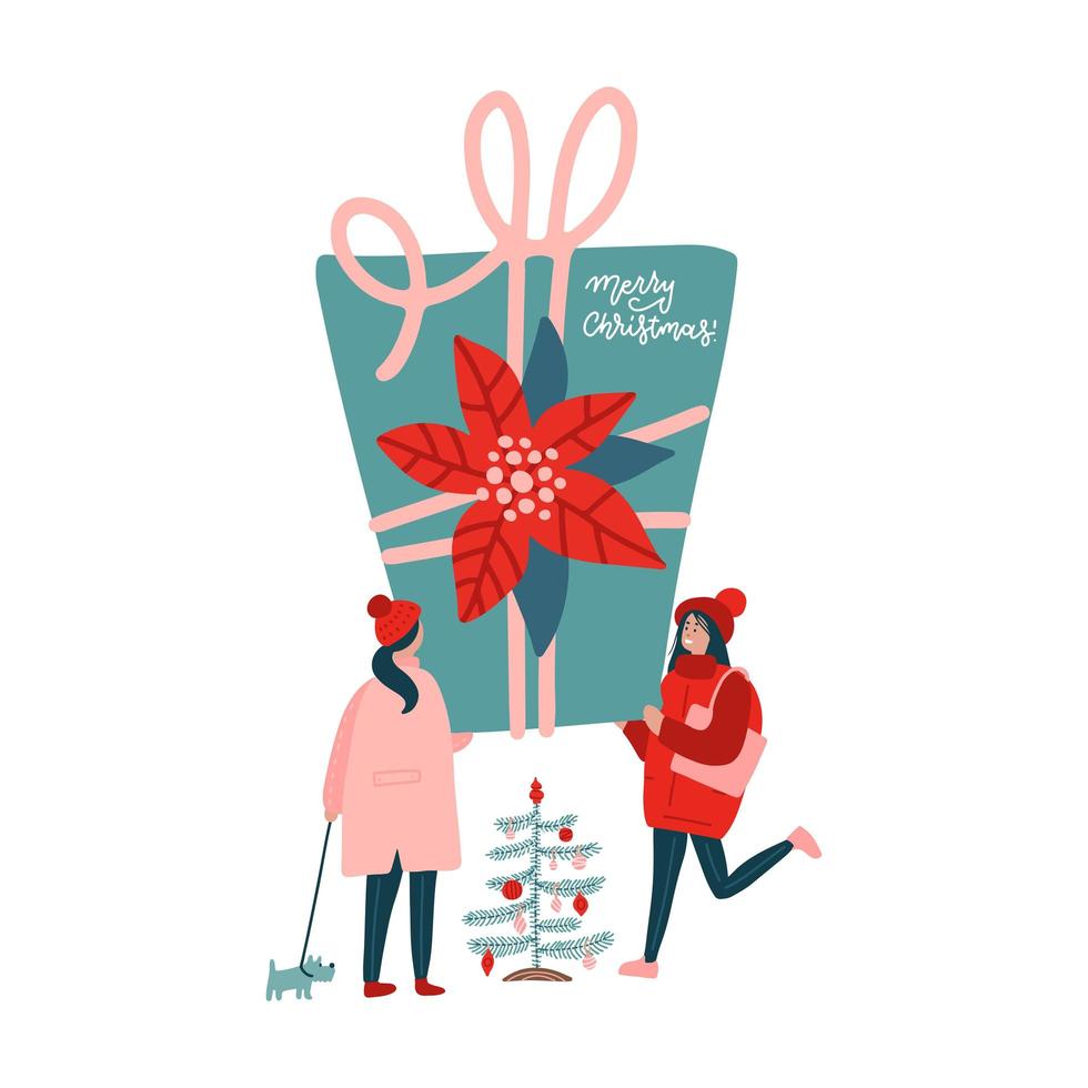 Tiny women holding big gift box. Christmas Present, ribbon, happiness flat vector illustration. Celebration and holiday concept for banner, website design or landing web page.