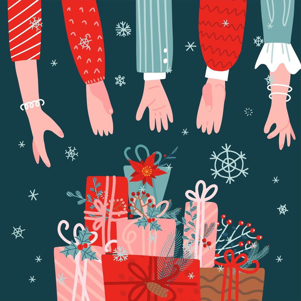 Many people hands reaching for the stack of gift boxes on green background. Christmas presents greeting card. Hand drawn flat vector illustration.