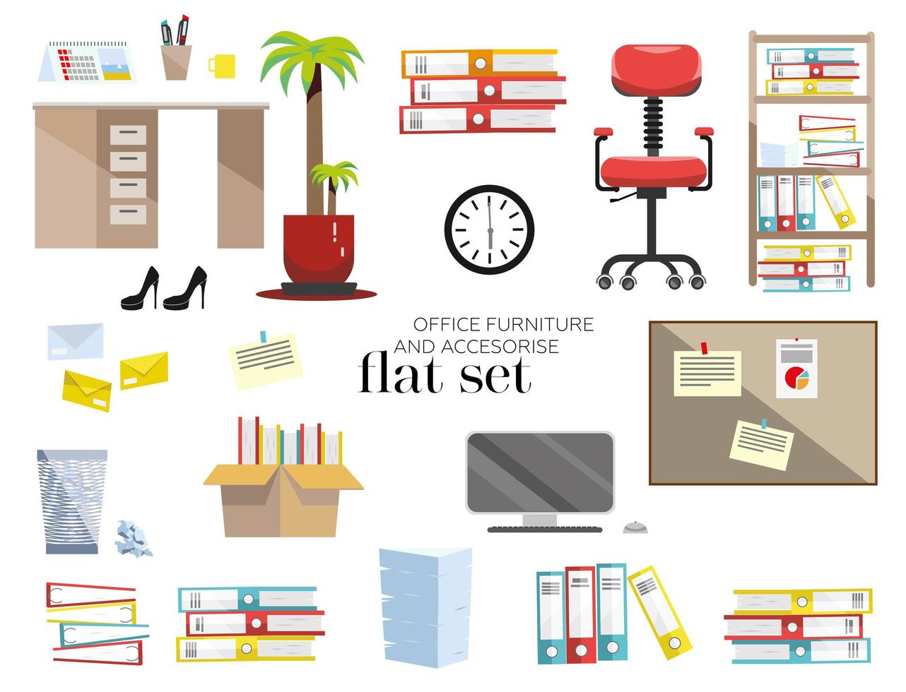 Flat office furniture and accessories set on white background. Victor template illustration. Interior of the workplace cartoon icons in set collection for design. vector
