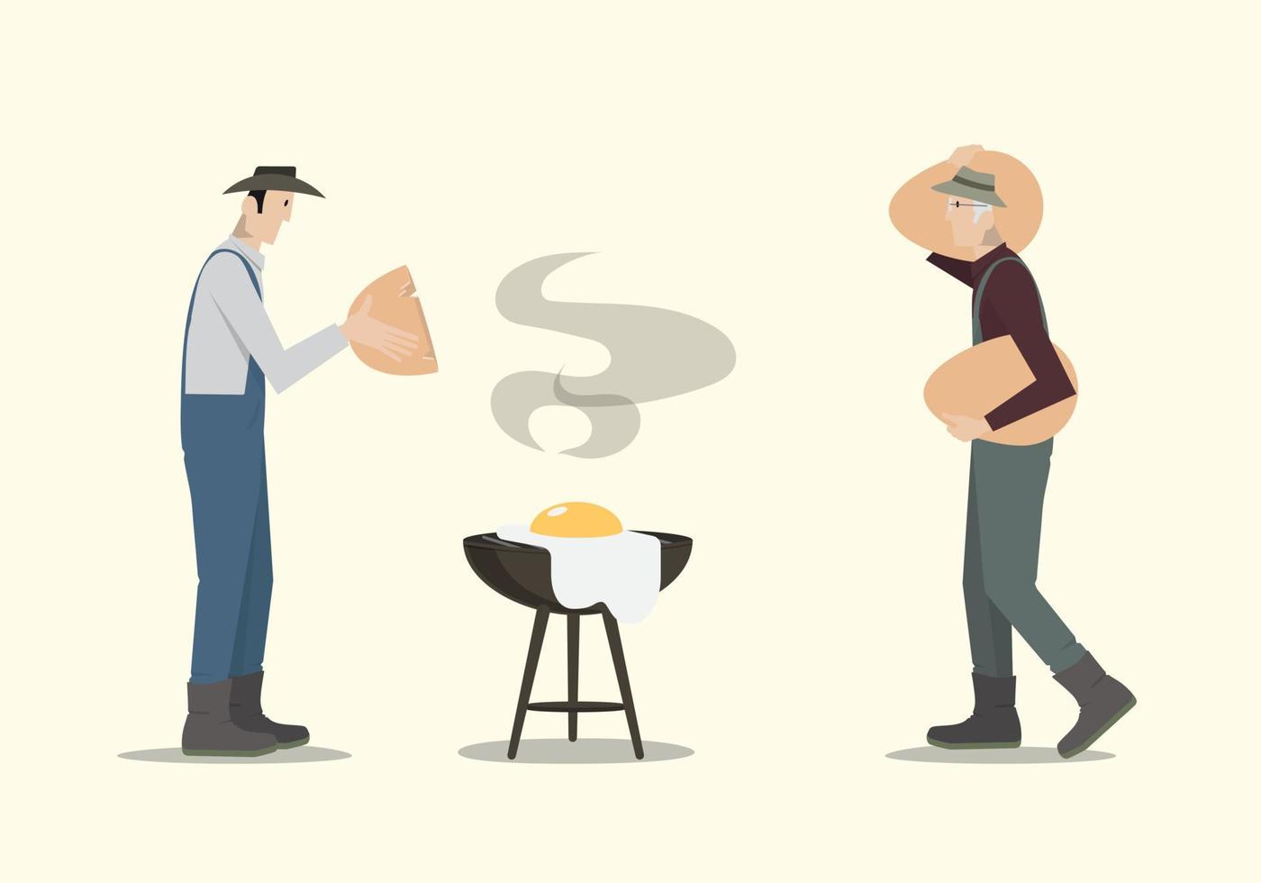 Farmers cooking big egg on barbecue. vector