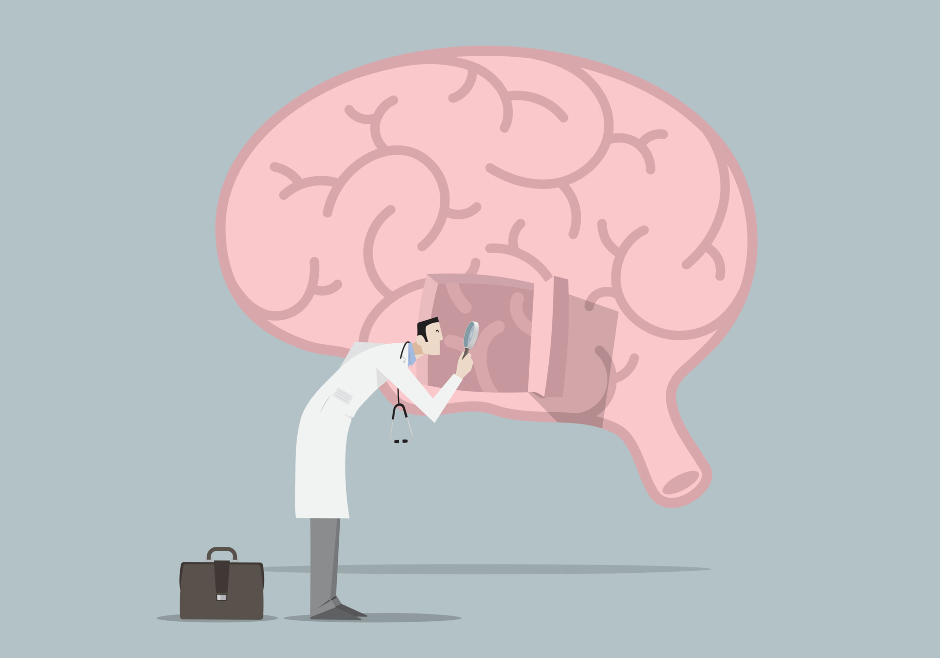 Brain Diseases Research Concept. Doctor with magnifying glass looking inside  a brain. 6134712 Vector Art at Vecteezy
