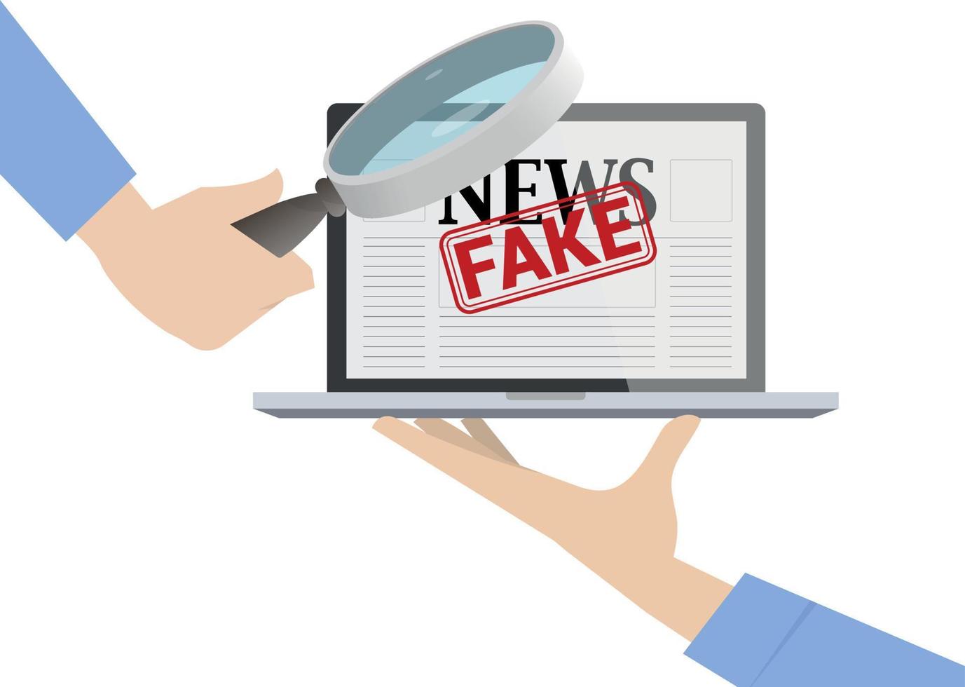 Hand holding laptop showing fake news website. Another hand with huge magnifying glass checking news on the site. Provide and checking fake news concept.concept. vector