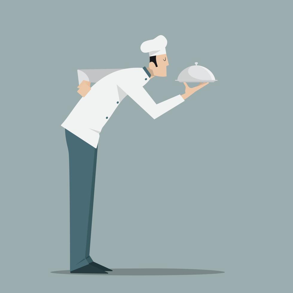 Side view of chef with serving tray. vector