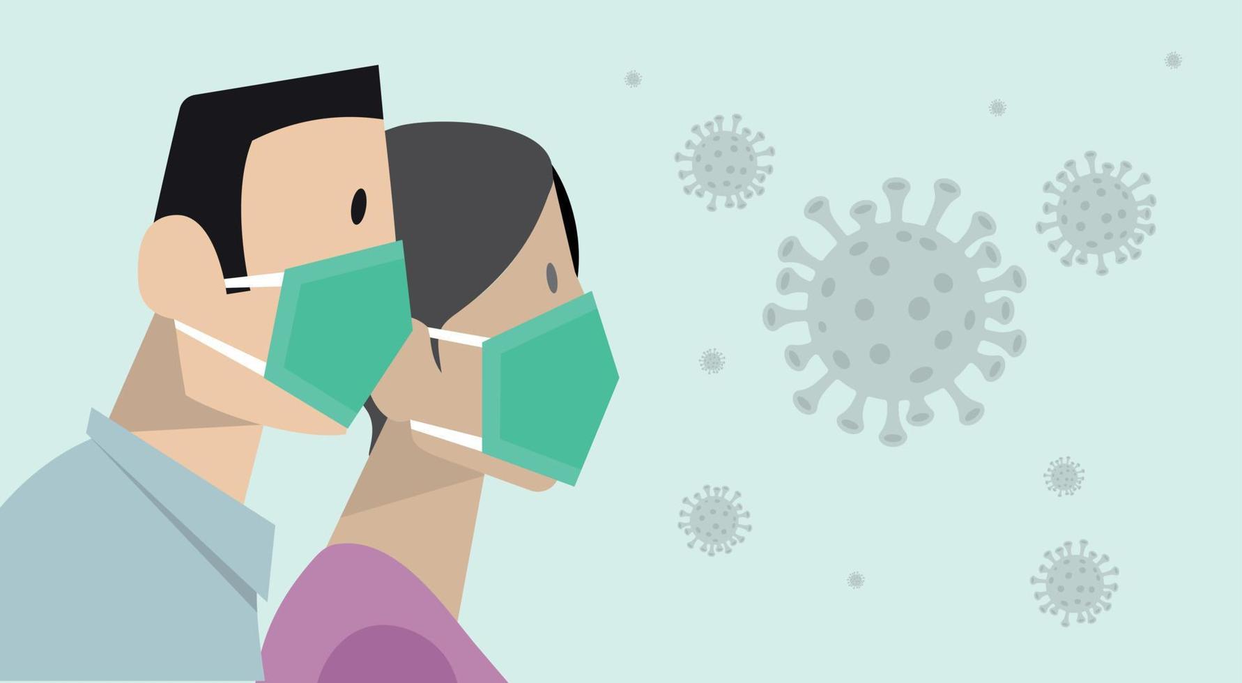 COVID-19 coronavirus prevention man and woman wearing surgical protective medical mask. Concept of coronavirus quarantine. vector