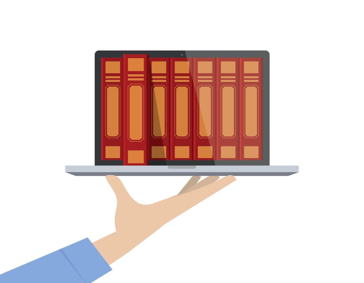 Hand holding laptop with books. vector