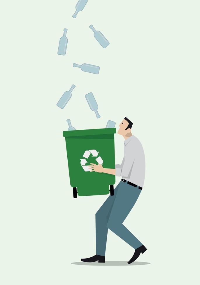 Side view of cartoon man collecting empty glass bottles with recycle bin. vector