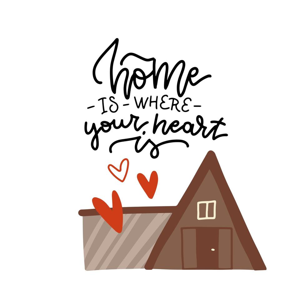 Lettering poster - Home is where your heart is. Vector illustration of eco wooden modern house with hearts. Flat vector design.