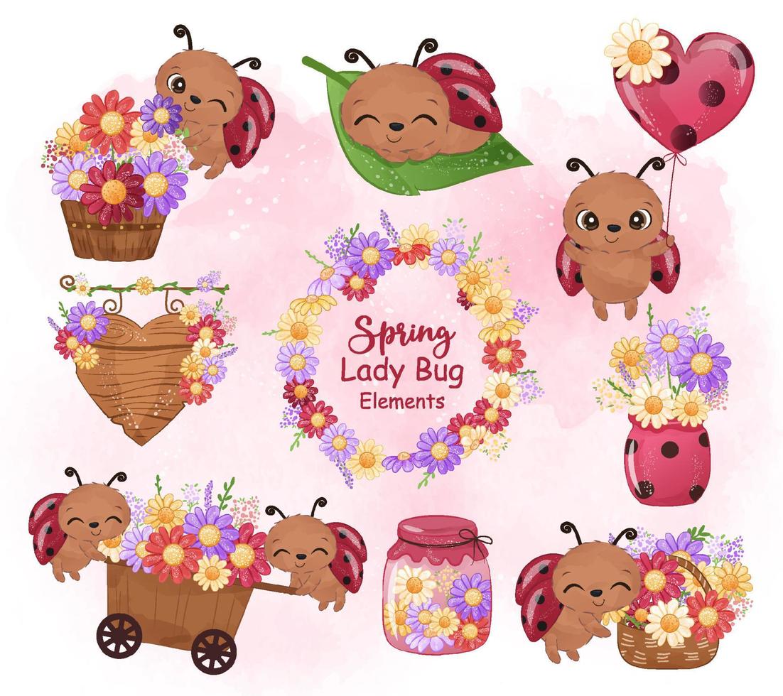 elementos de lady bug y flores de primavera vector