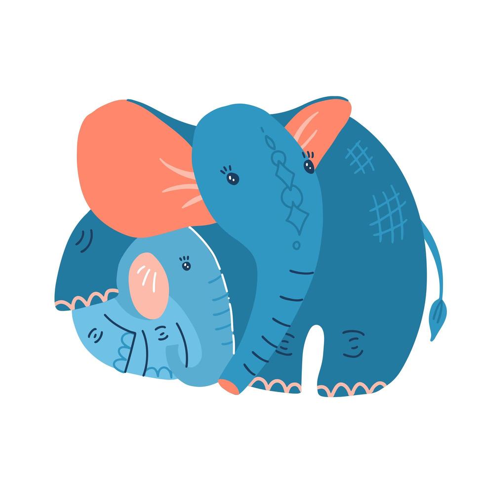 Young blue baby elephant with mother on a white background. Illustration for mother's day. Mom hugs the baby elephant. Flat hand drawn vector design.