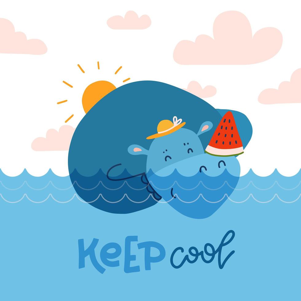 lindo hipopótamo sweeming en agua azul y sosteniendo una sandía en rodajas. ilustración de dibujos animados planos para el concepto de vacaciones de verano con letras dibujadas a mano manténgase fresco. vector