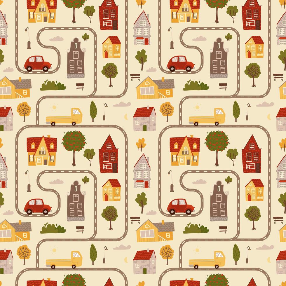 Seamless pattern - texture simulating a map with roads, cars painted in different colors with small houses. Summer country landscape. Flat vector illustration.