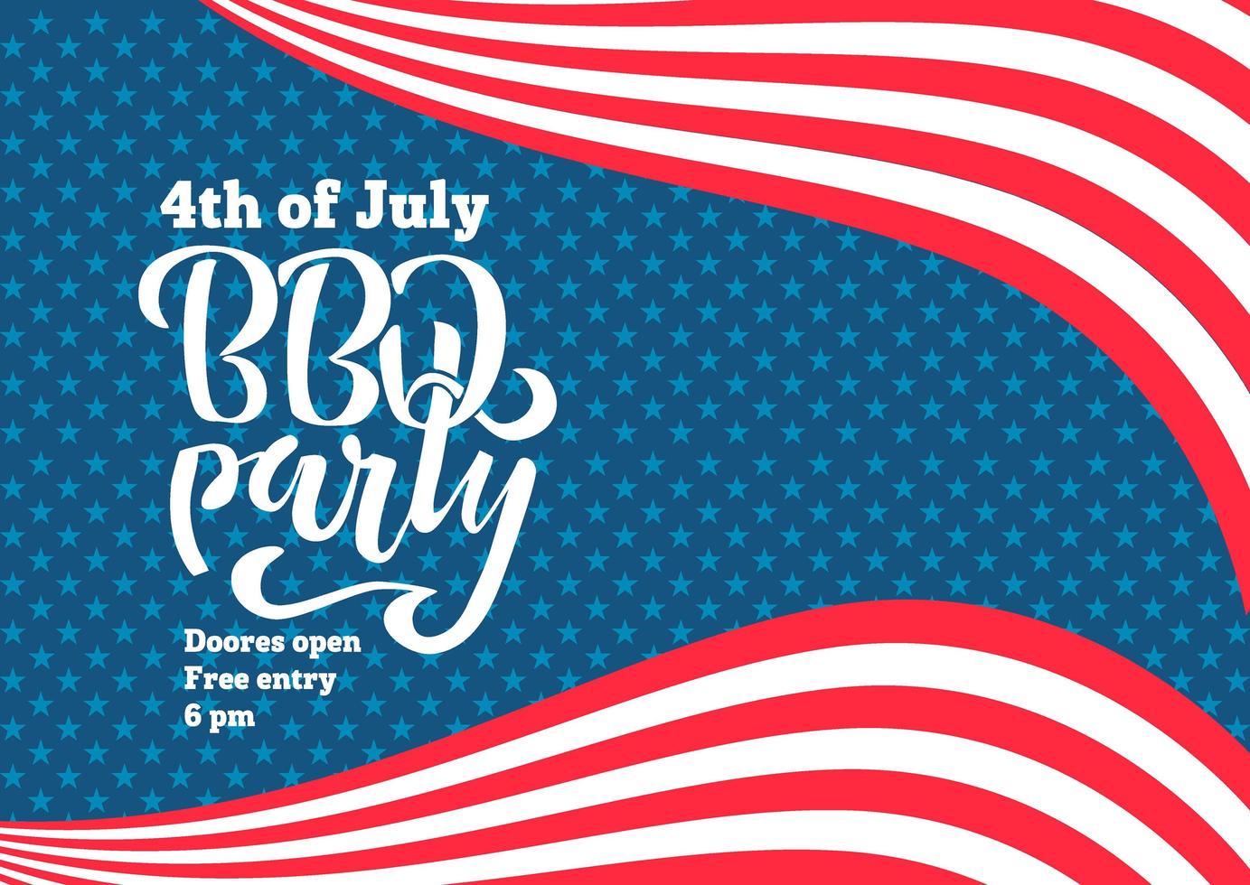 July 4th BBQ Party lettering invitation to American independence day barbeque with July 4th decorations stars, flags, on blue background. Vector hand drawn illustration.