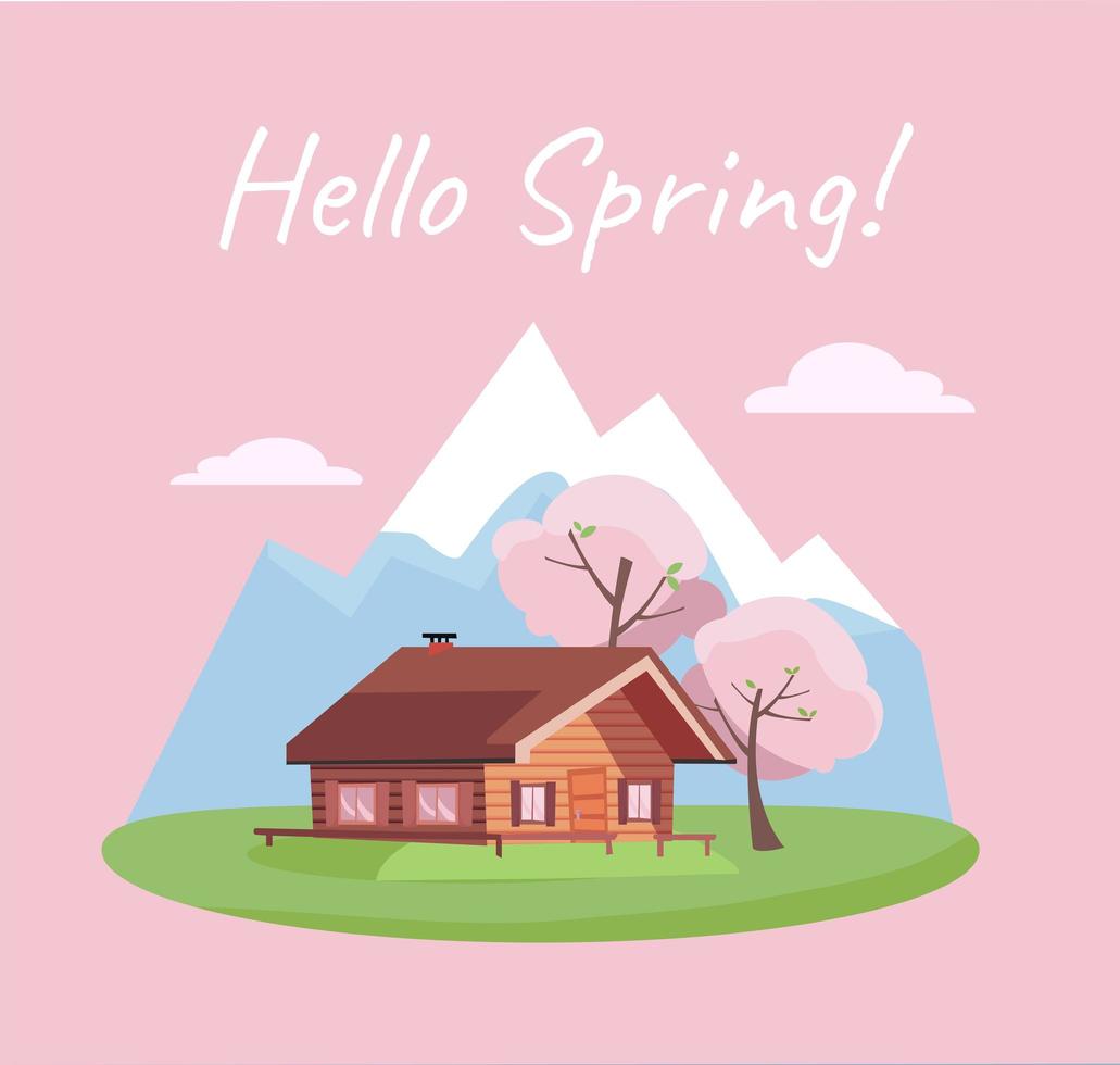 Spring blooming landscape with mountains and wood log country house on grass. Blossom season card with text Hello Spring. Flat cartoon style vector illustration in pink blue green colors.