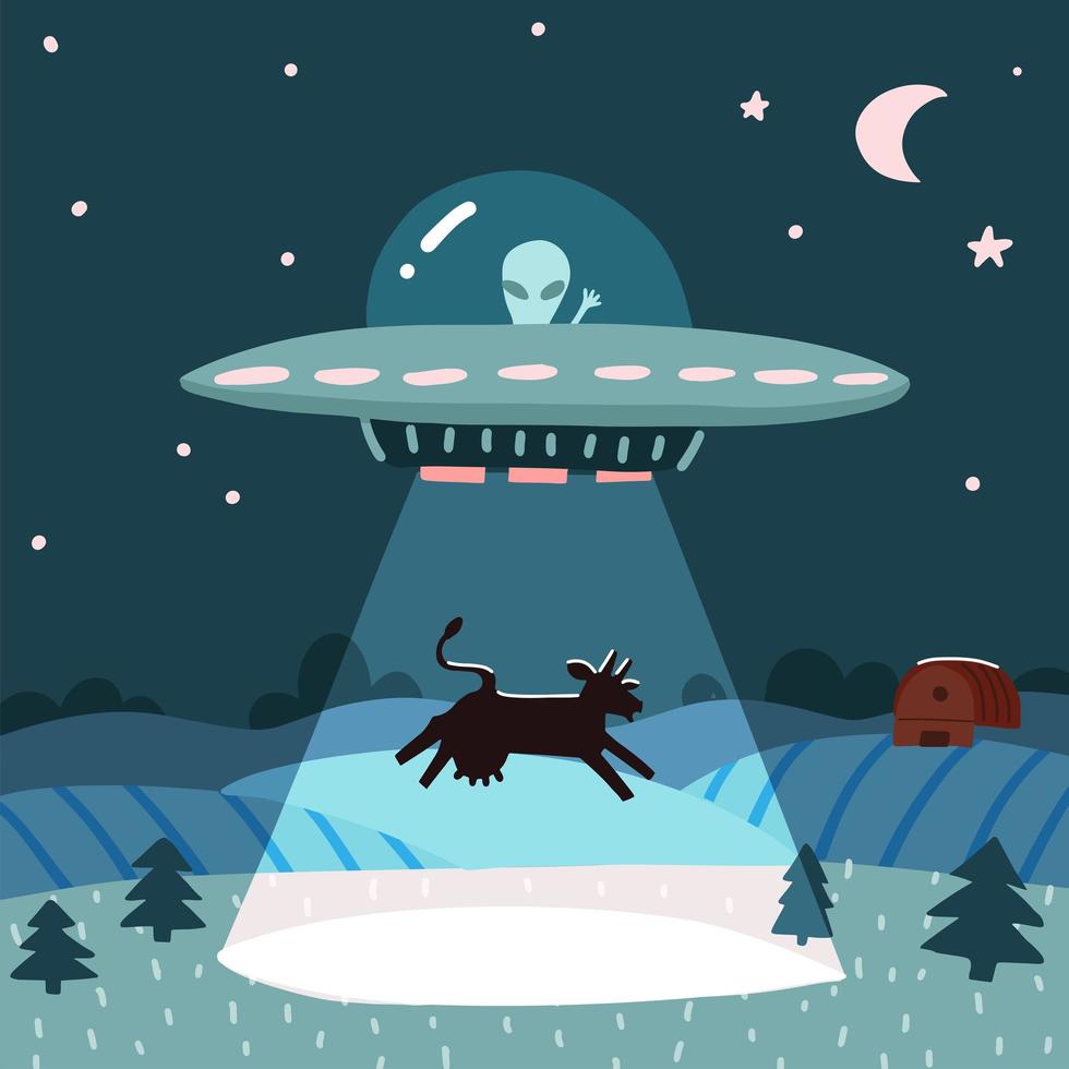 UFO with alien abducting a cow, summer night farm landscape with the night field with house. Flat vector illustration with stars and moon in the sky. Cartoon style