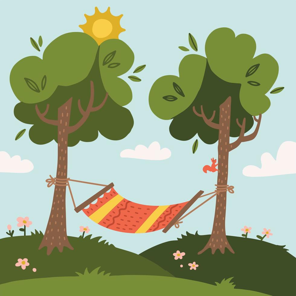 hamaca de verano con árboles en bosque o jardín, hierba, sol y nubes. ilustración vectorial plana vector