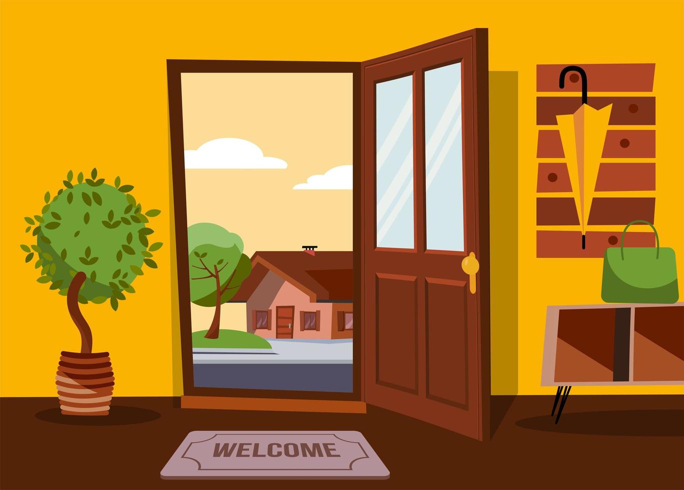 The interior of hallway in flat cartoon style with open door overlooking  summer landscape with small