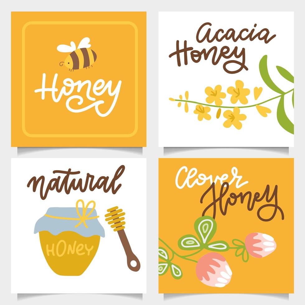 conjunto de pancartas sobre el tema de la miel, con un frasco de vidrio, tipos de miel, flores de trébol y acacia, abeja y letras escritas a mano. colección de diseño de tarjetas cuadradas. ilustración de vector plano dibujado a mano