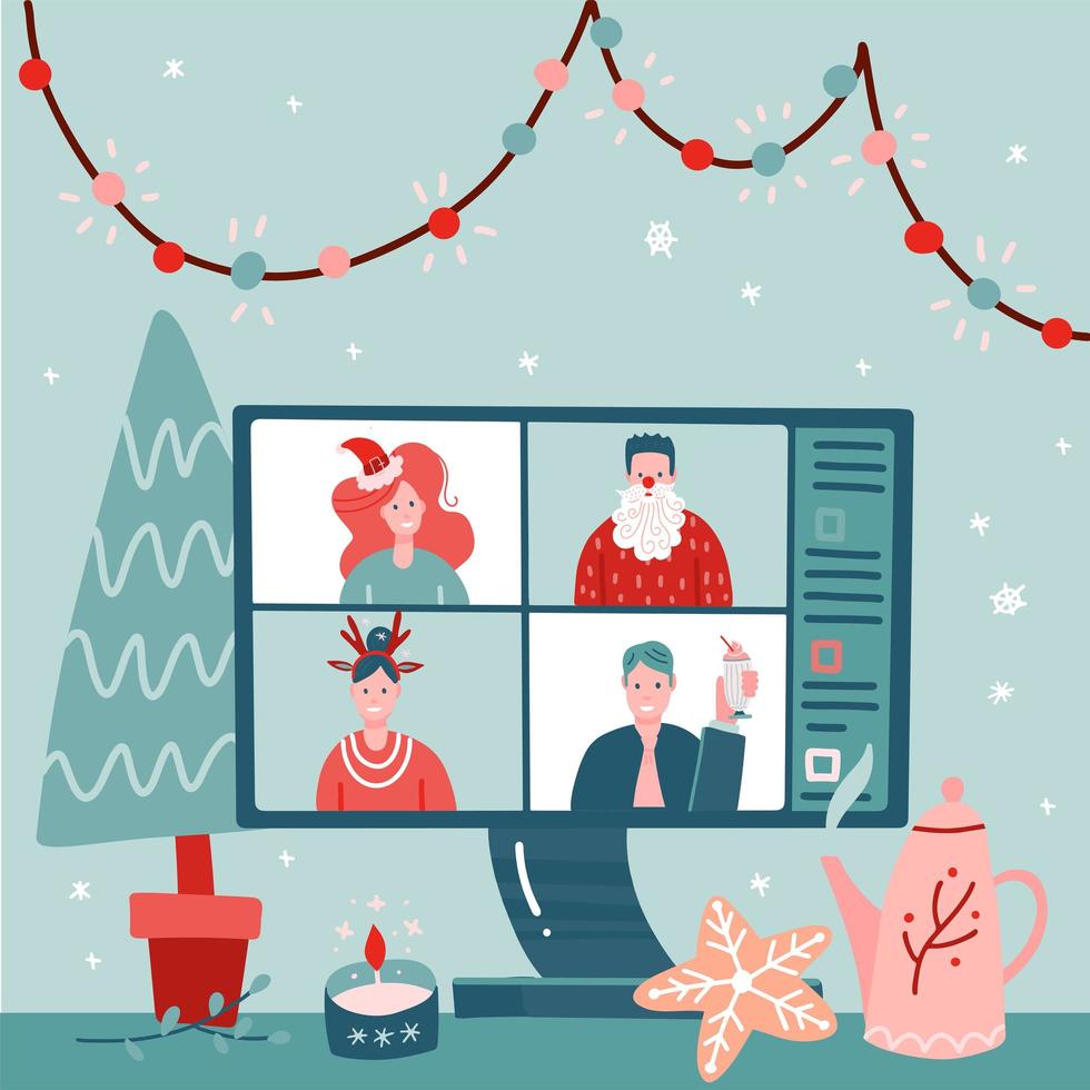 Concept of videoconference, web communication. Team meeting online. Smiling man , women work remotely and have Christmas virtual discussion. Vector flat illustration cartoon style. Table with screen.