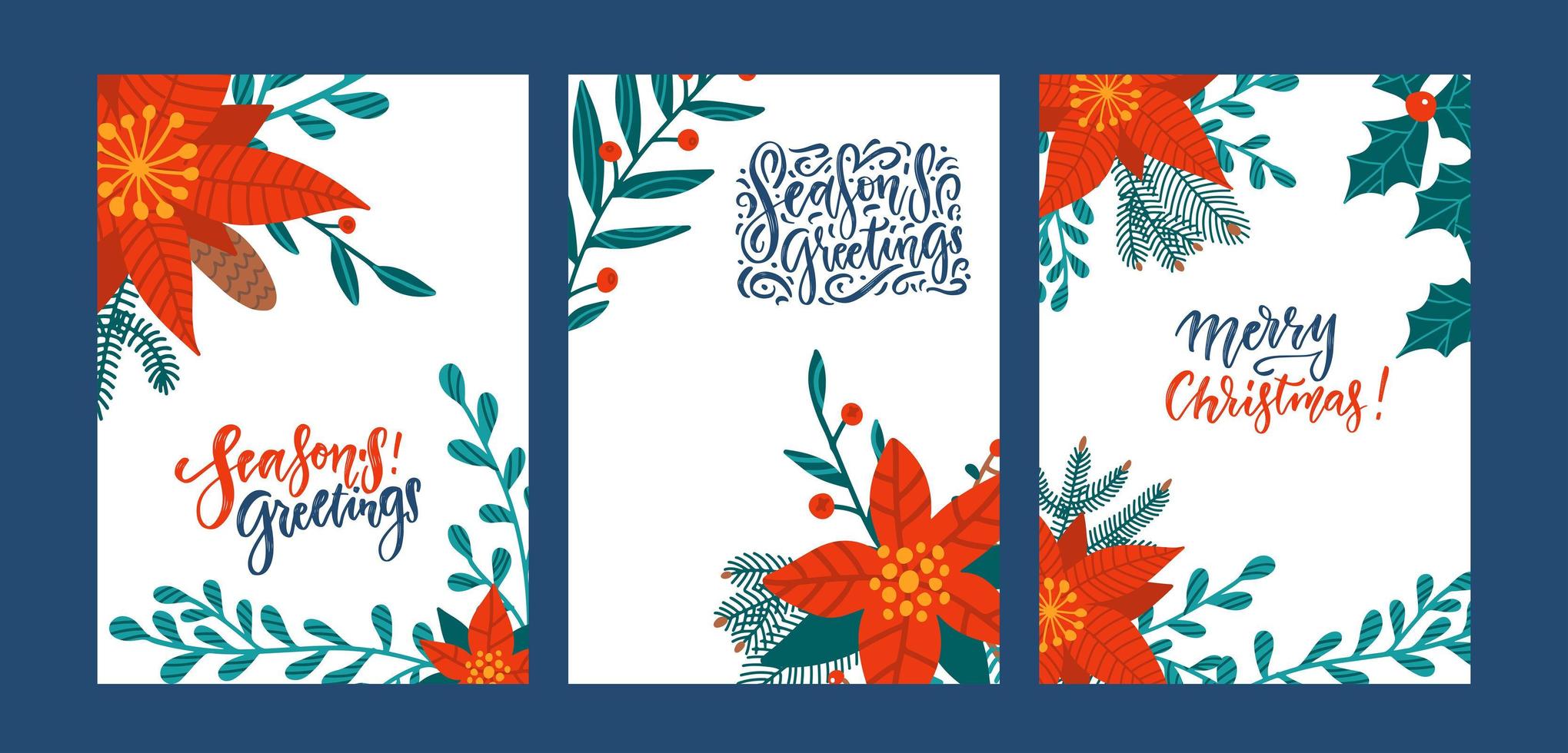 Set of greeting cards with poinsettia flowers. Red poinsettia Christmas greens leaves and holly berries a mix of seasonal plants. All elements are editable. Vector flat illustration