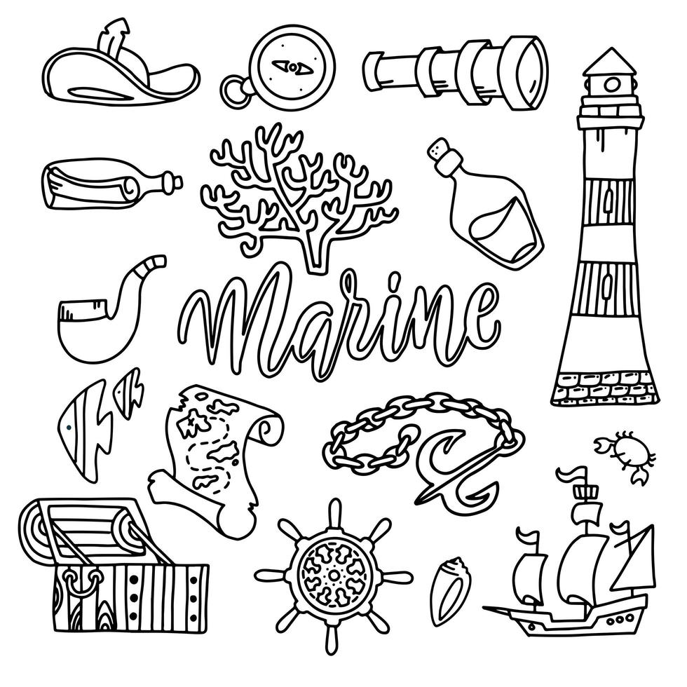 Nautical hand draw line icons set. Collection of 17 nautical outline illustrations such as lighthouse, boat, helm, anchor, ship , compass, lighthouse compass, map, spyglass and steering wheel signs vector