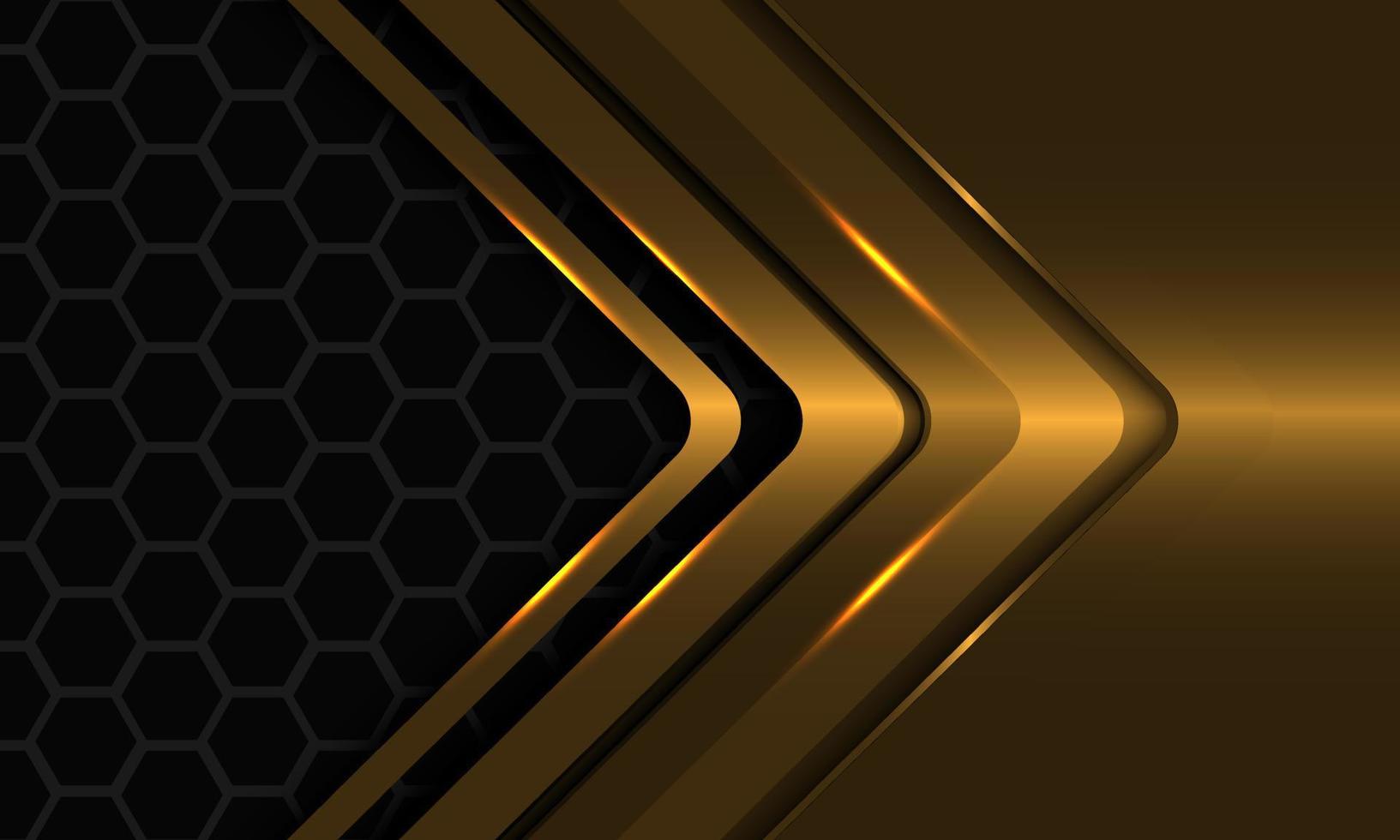 Abstract gold arrow direction geometric on grey hexagon mesh metallic blank space design modern futuristic background vector