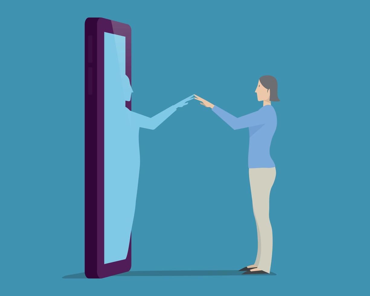 Woman looks her reflection comes up from the smartphone. vector
