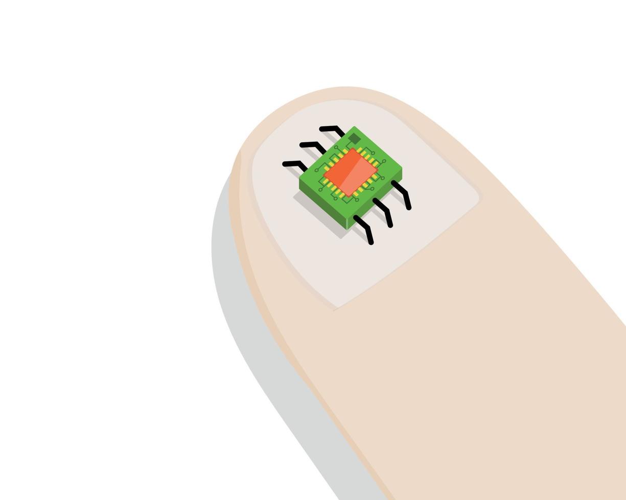 Minirobot on human finger on white background. vector