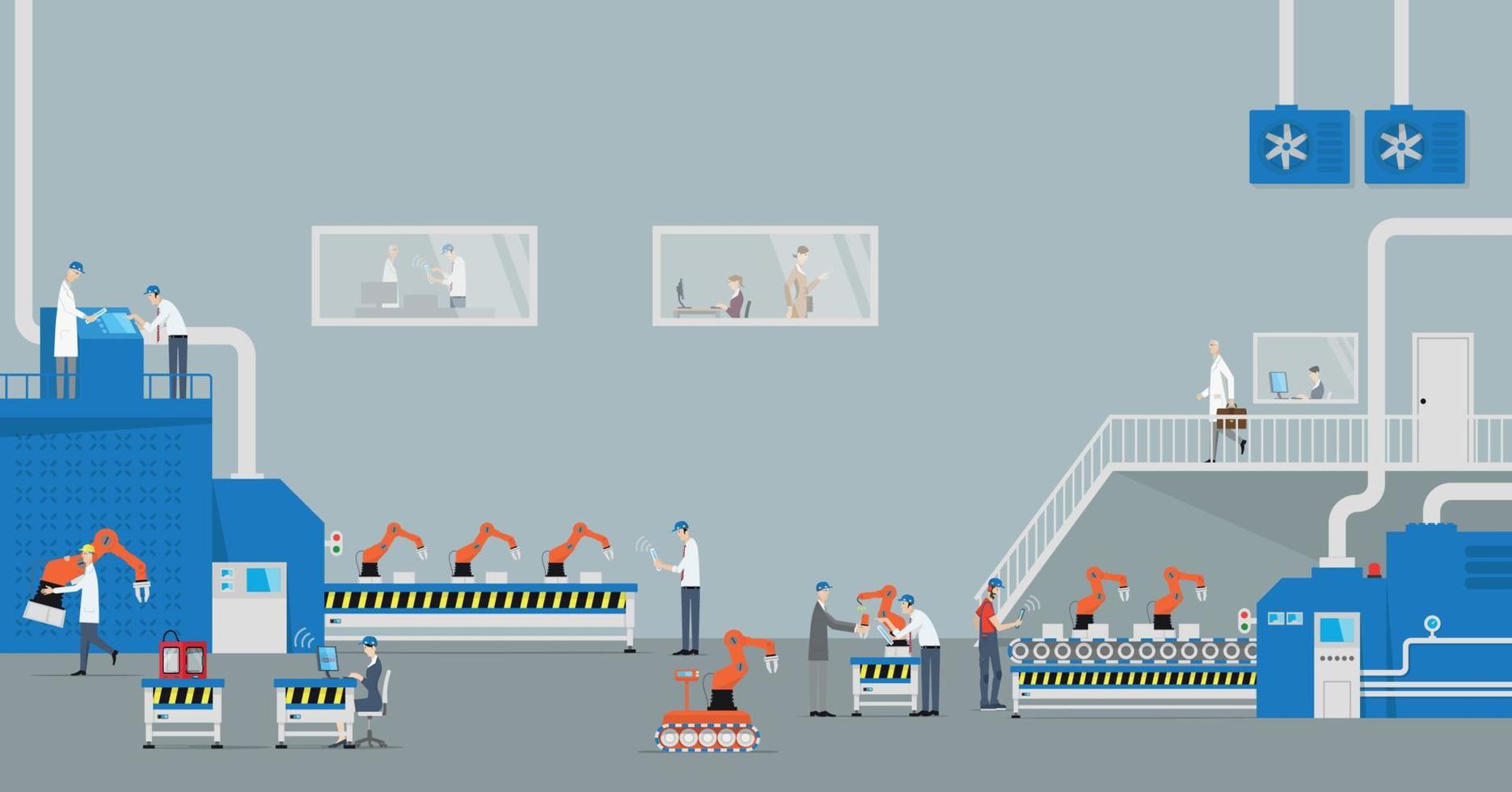 Front view of industrial production line with automated robots. vector