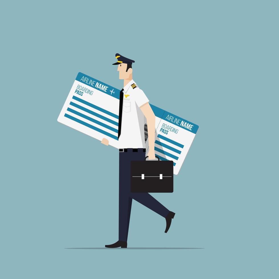 Aircraft Pilot Carrying a Big Boarding Pass. vector