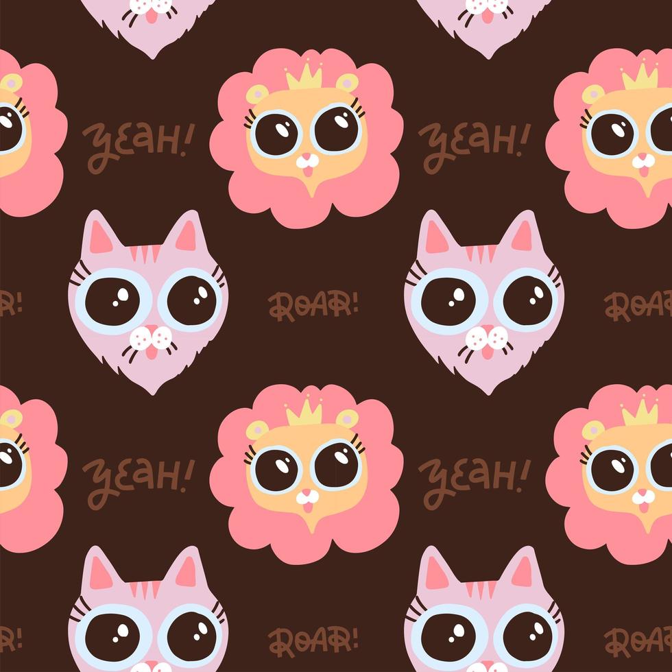 Muzzle of lion and cat. Seamless pattern with faces of animals. Decorative cute wallpaper, good for printing. Childish flat background vector. Design illustration with lettering roar, yeah. vector