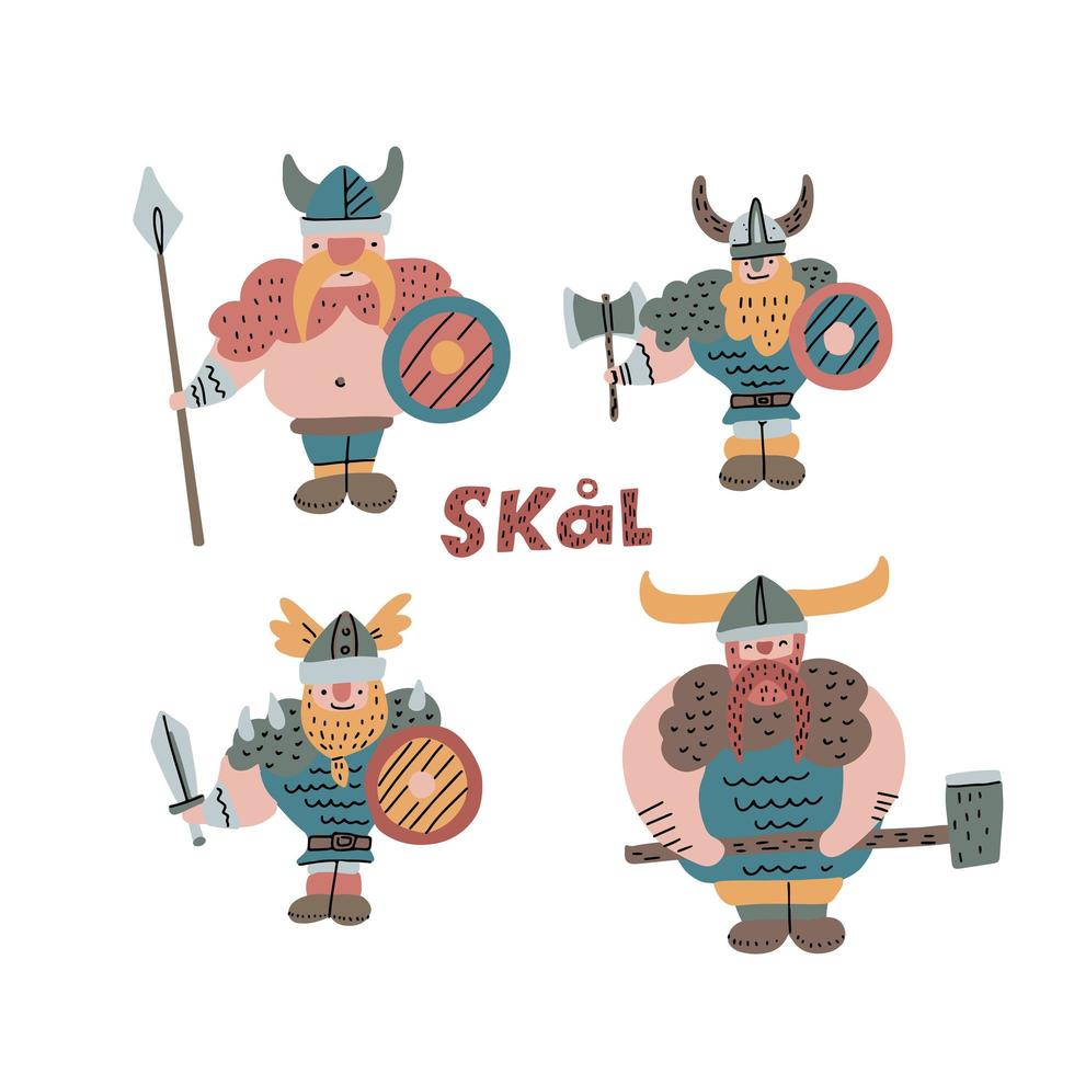 conjunto de ilustraciones dibujadas a mano de vikingos con casco, arco, flecha, lanza, hacha y espada. personaje de dibujos animados de vector vikingo. bárbaro escandinavo medieval.