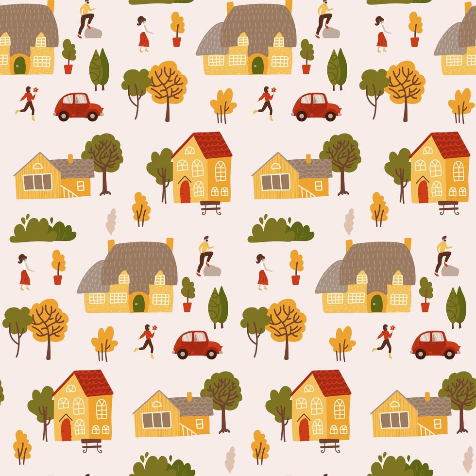 pequeñas casas rodeadas de personas y árboles sin costuras. paisaje campestre de verano. ilustración vectorial plana. vector