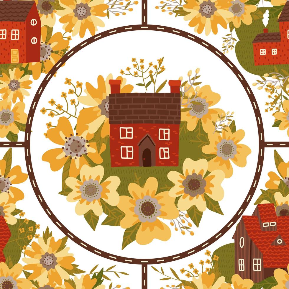 Small countryside City seamless pattern with small houses, huge flowers and roads. Map of the settlement, travel. Street with greenery, buildings, florals. Isolated flat vector illustration.