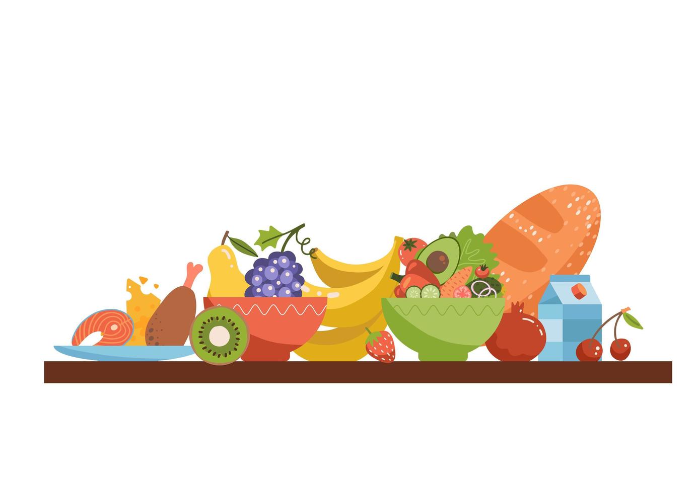 Healthy Food products on the shelf. Dairy, meat, vegetables, fruits and berries side view in color vector illustration.