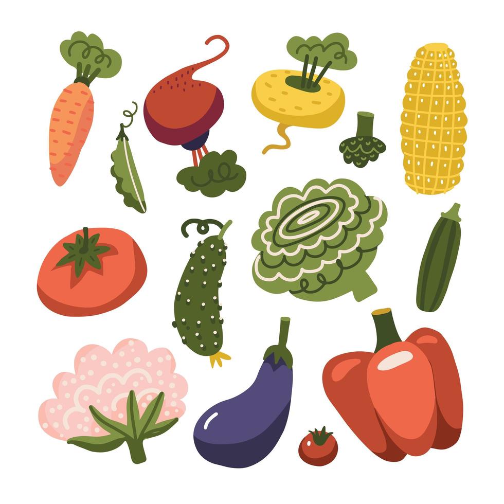 conjunto de verduras frescas y saludables: cada una está aislada para facilitar su uso. estilo de vida saludable o elemento de diseño de vector plano de dieta. ilustración de granja orgánica.
