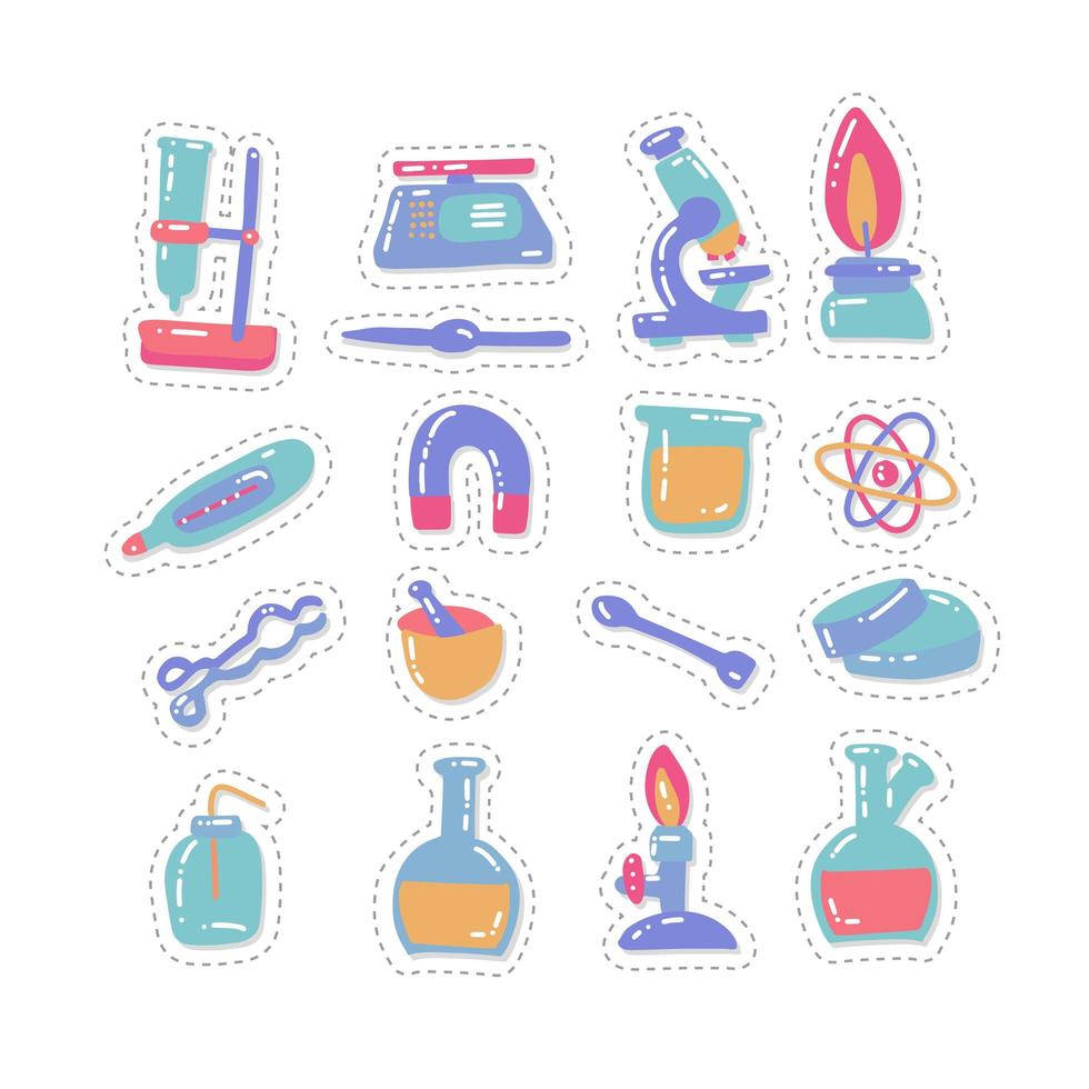 coloque pegatinas de equipo de laboratorio en estilo de dibujos animados de color plano. conjunto de iconos de química y ciencia infantiles dibujados a mano. elementos, herramientas, probeta. reacciones investigación, educación, cosas médicas vector