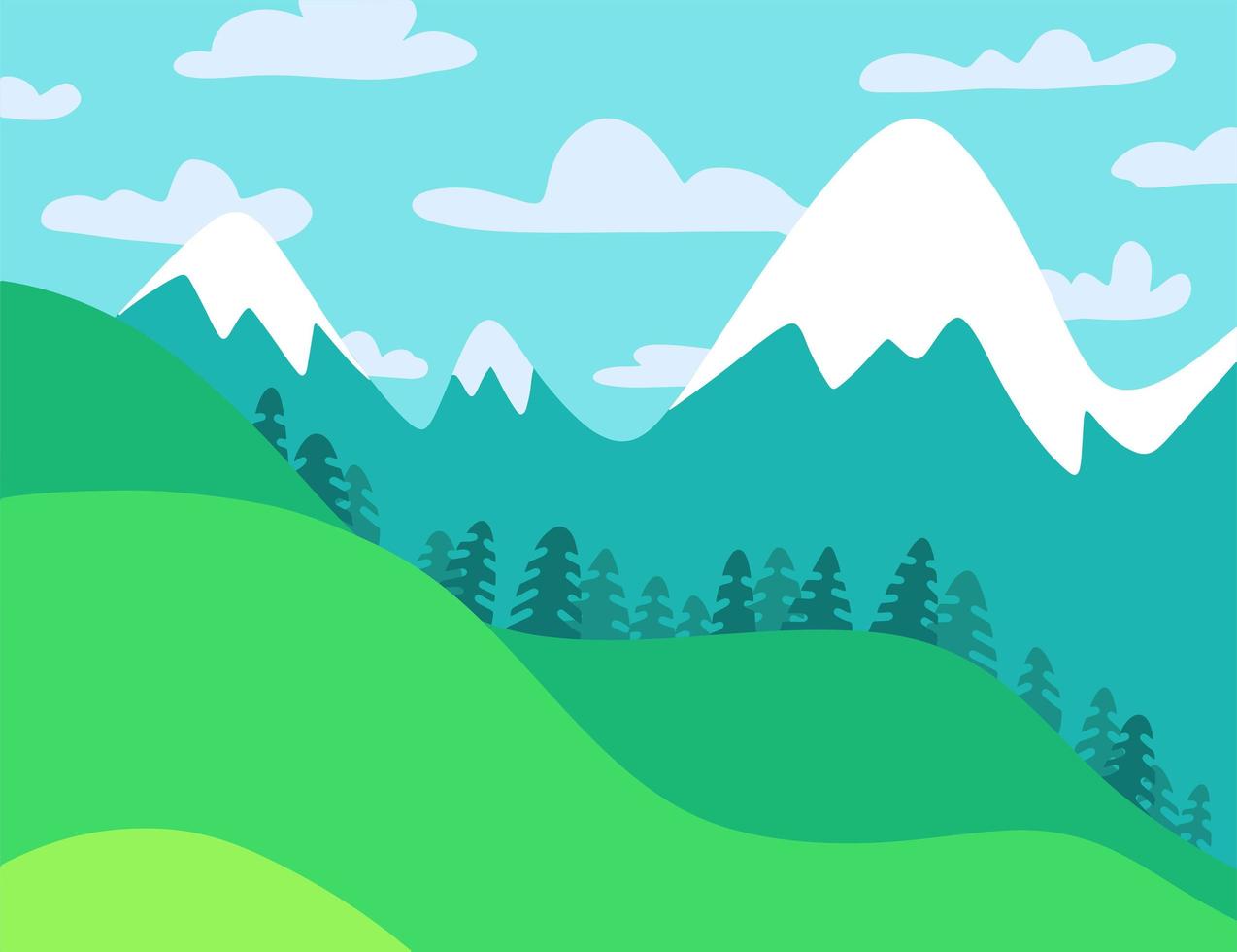 Summer Landscape Mountain Forest with coloudy Sky and fir Woods. Hiking Panorama. Flat Vector Illustration in hand drawn style