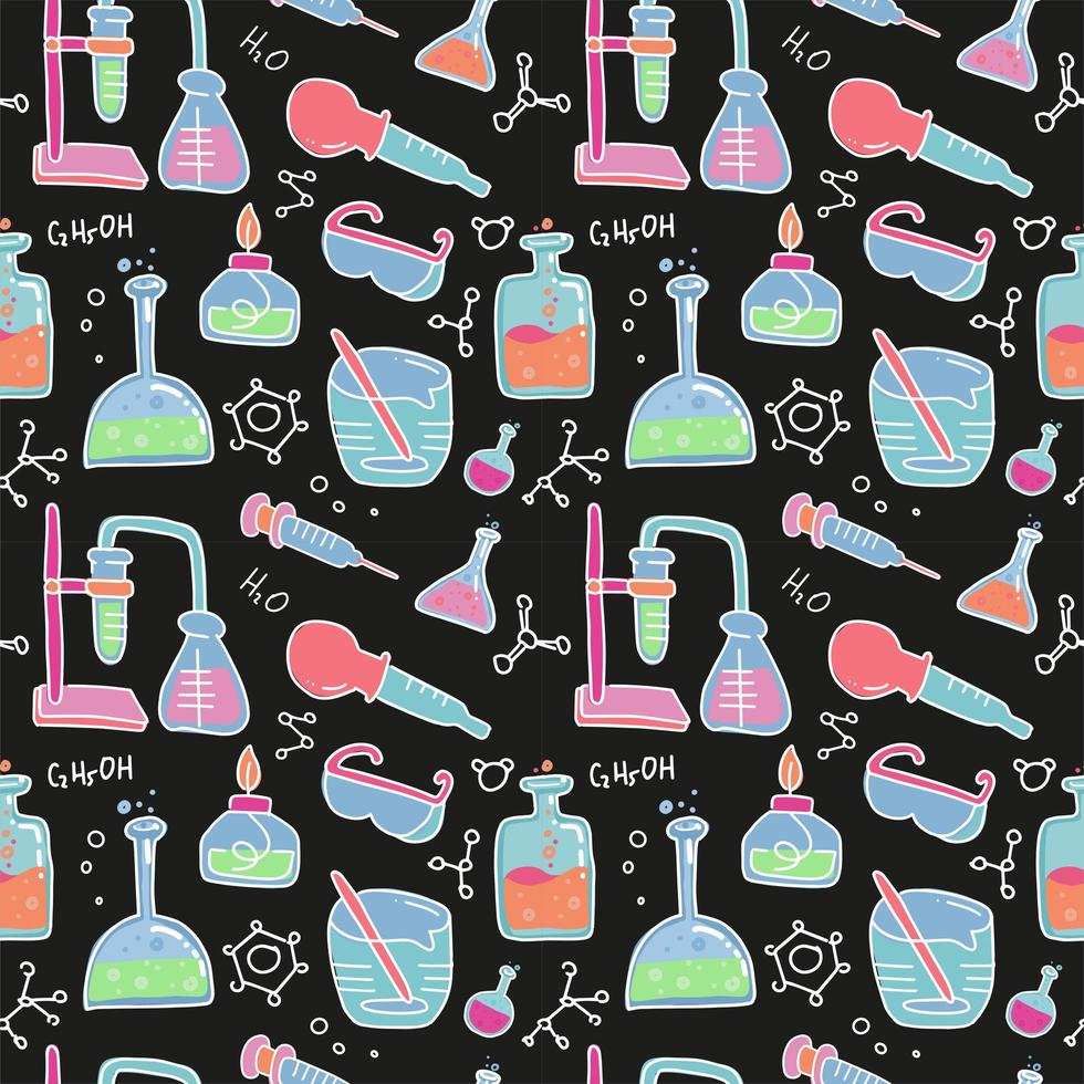 Seamless pattern of decorative color hand drawn chemical lab scientific experiment equipment isolated vector illustration. Set of flasks in doodle style on black background. Kid chemistry and science