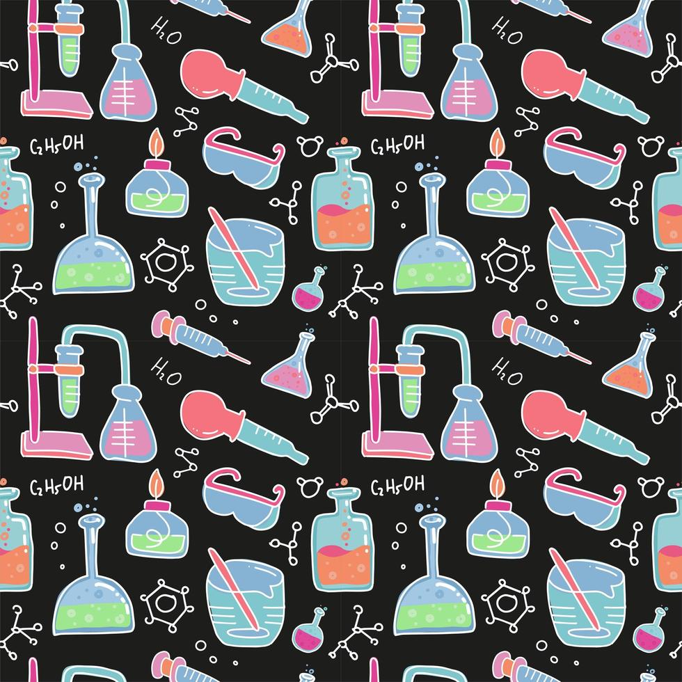 Seamless pattern of decorative color hand drawn chemical lab scientific experiment equipment isolated vector illustration. Set of flasks in doodle style on black background. Kid chemistry and science