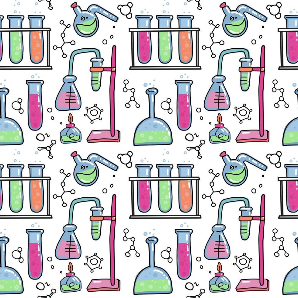 Seamless pattern of decorative color hand drawn chemical lab scientific experiment equipment isolated vector illustration. Set of flasks in doodle style on white background. Chemistry science for kids