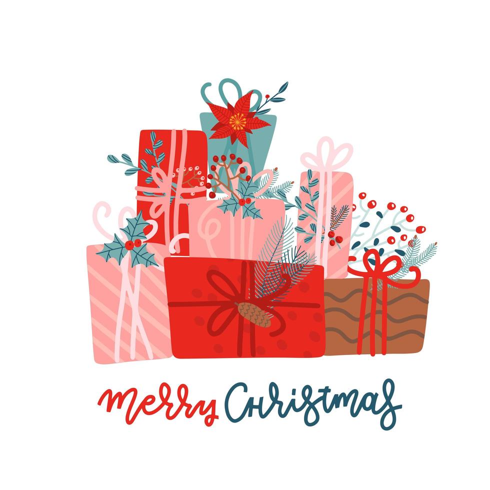 Mountain of gifts for Christmas and the New year with the decoration of Christmas tree branches and berries. Lettering design Happy Christmas and New year. Stack of present boxes. vector