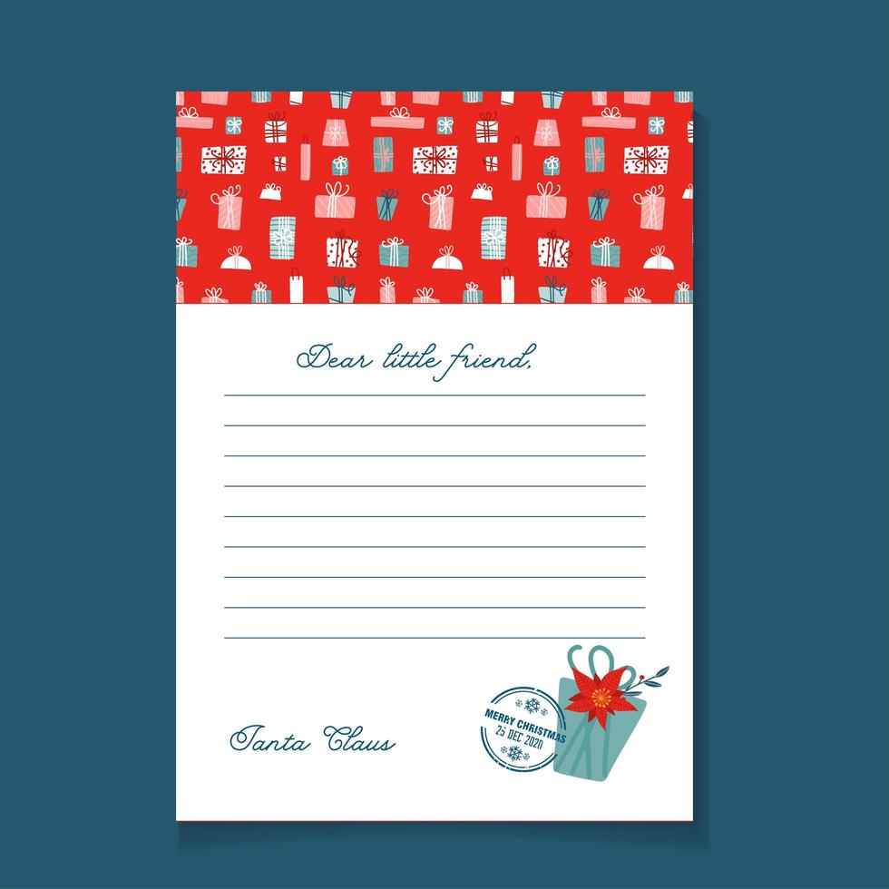 Christmas letter from Santa Claus template. Pattern with gift box pattern and postal stamp. Flat hand drawn vector design.