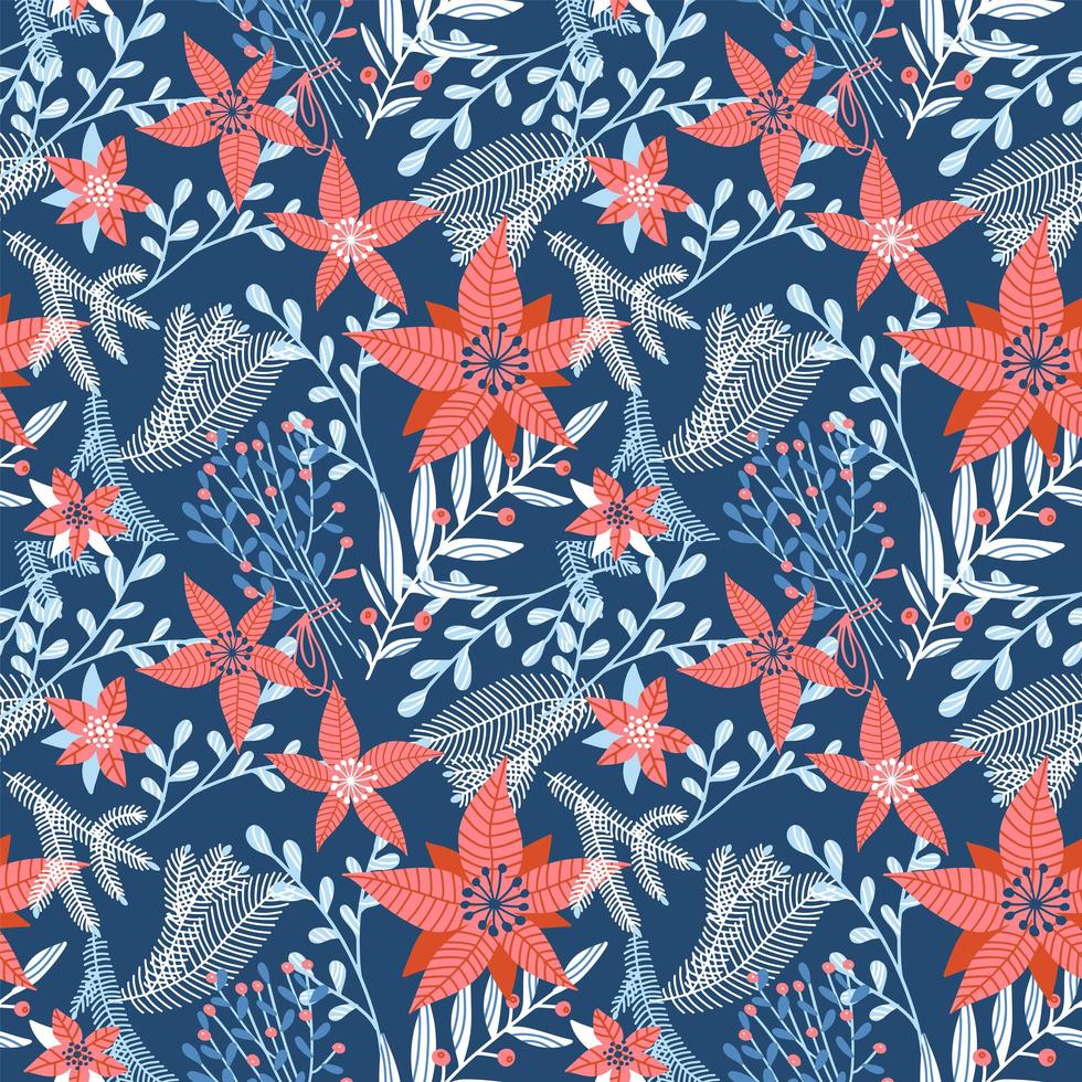 Floral vector seamless pattern with winter foliage in blue and red for Christmas backgrounds, wrapping paper. Poinsettia flower with different forst branches and berries. Flat hand drawn illustration.