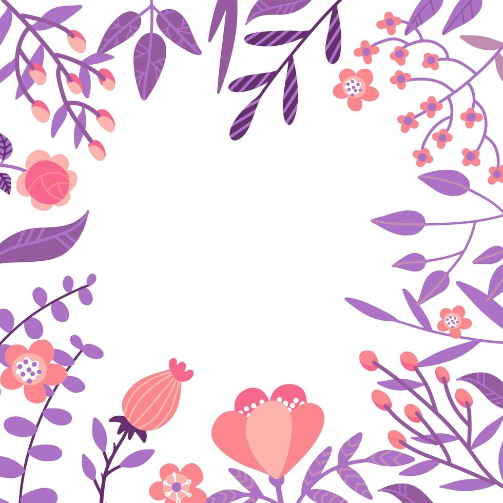 Vector flat flowers, leaves and berries color frame background. Creative bright design for greeting cards, posters and banner design.