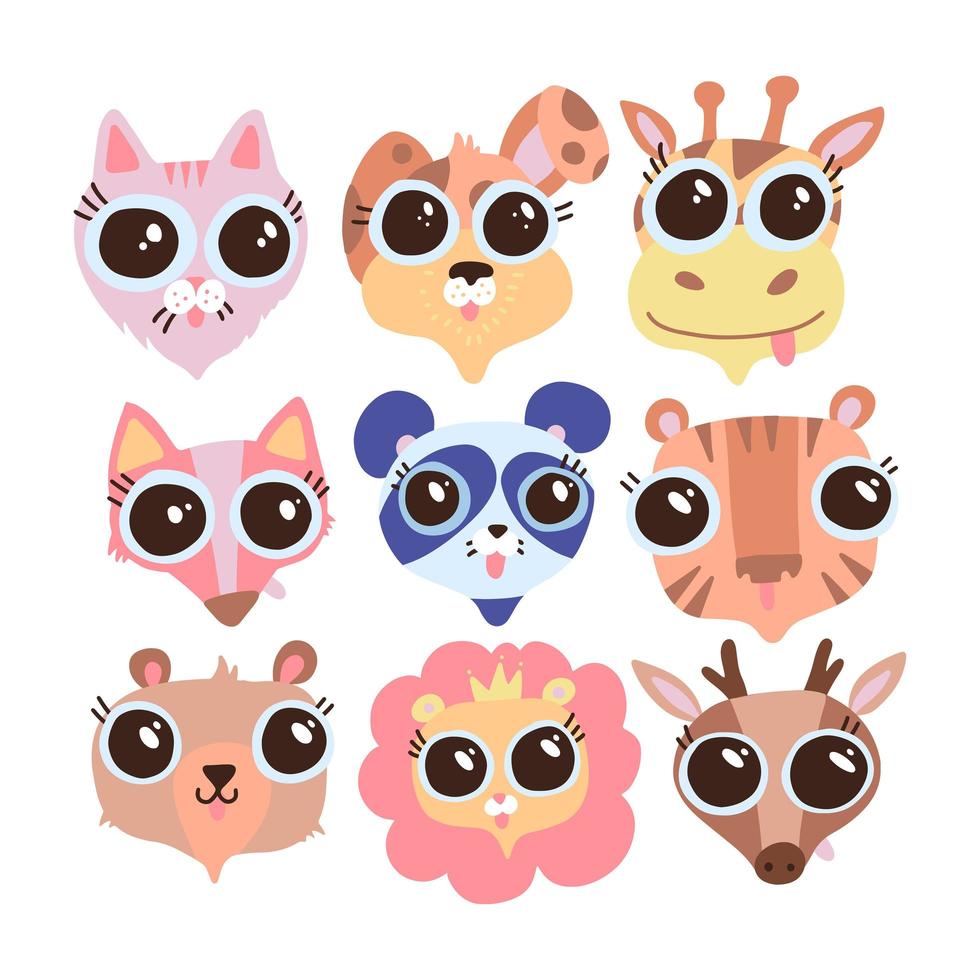 lindas caras de animales con ojos grandes. un conjunto de ilustraciones vectoriales de cabezas de animales lindas caras de animales con ojos grandes. un conjunto de ilustraciones vectoriales de cabezas de animales