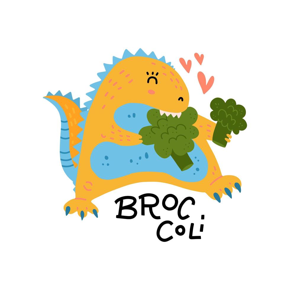 Cute dinosaur in love with broccoli. healthy food print for textile, cards, package. Dino character with lettering. Flat hand drawn vector illustration.