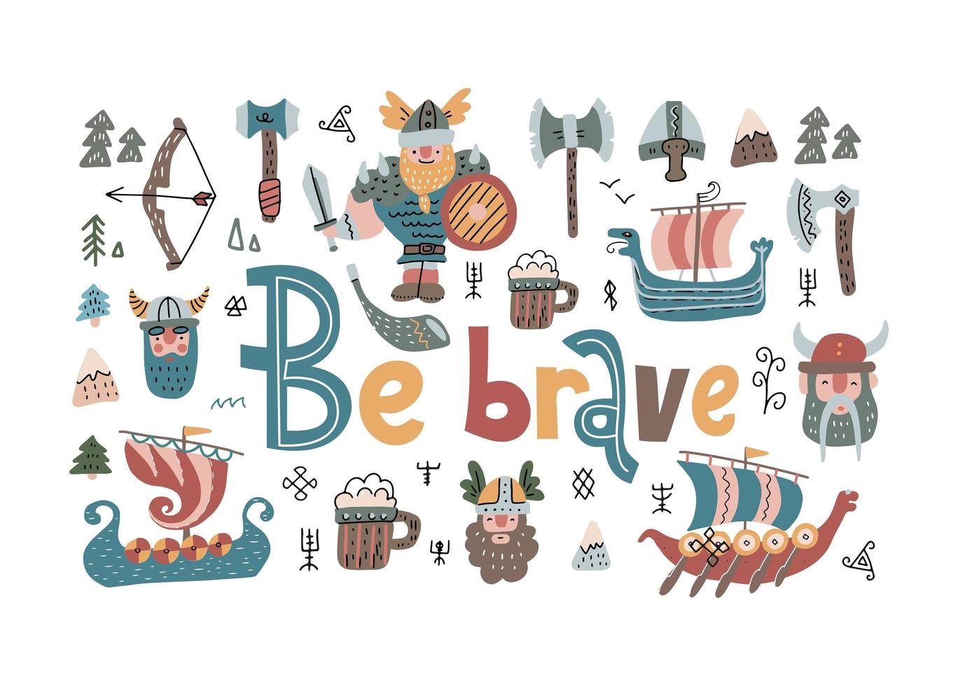 Vector set with elements associated with vikings and their lifestyle, myths and traditions isolated on a white background. Cute illustration for kids with ships and weapons