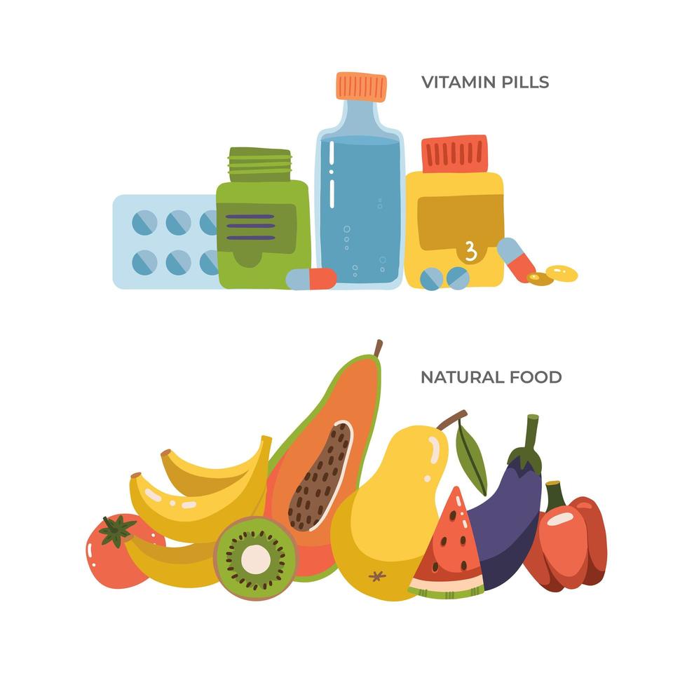 Choosing between medicine pills and natural treatment. Making decision between organic nutrition and medical tablets. Vegetables vs pharmacy drug. Diet heathy food concept. Flat vector illustration.