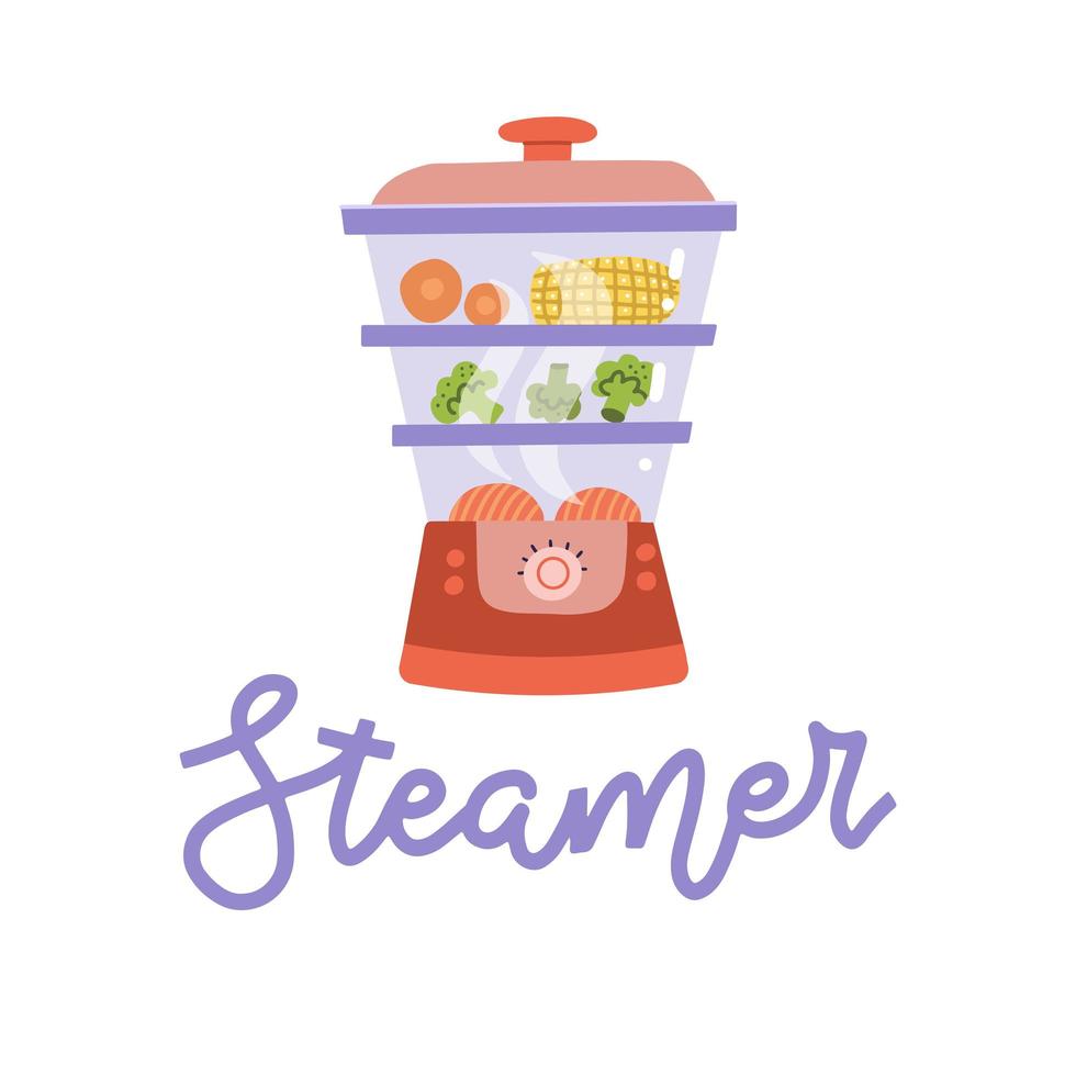 Steamer food icon. Cooking kitchen illustration isolated on white background. steam electric cook equipment. Hand drawn colorful flat vector illustration with food inside and hand drawn lettering.