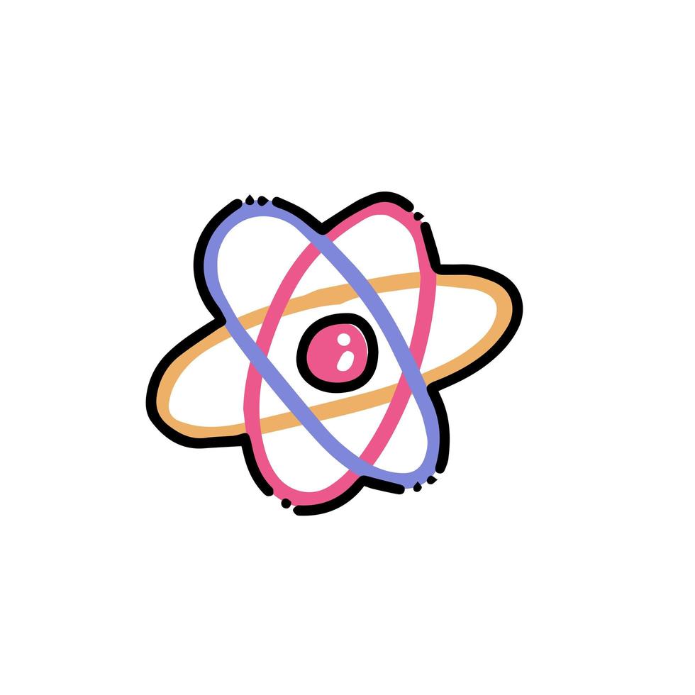 physics science orbit atom. Atom structure icon in flat color outlined hand drawn childish doodle style. Color scribble print concept on white background. Kid chemistry and science vector